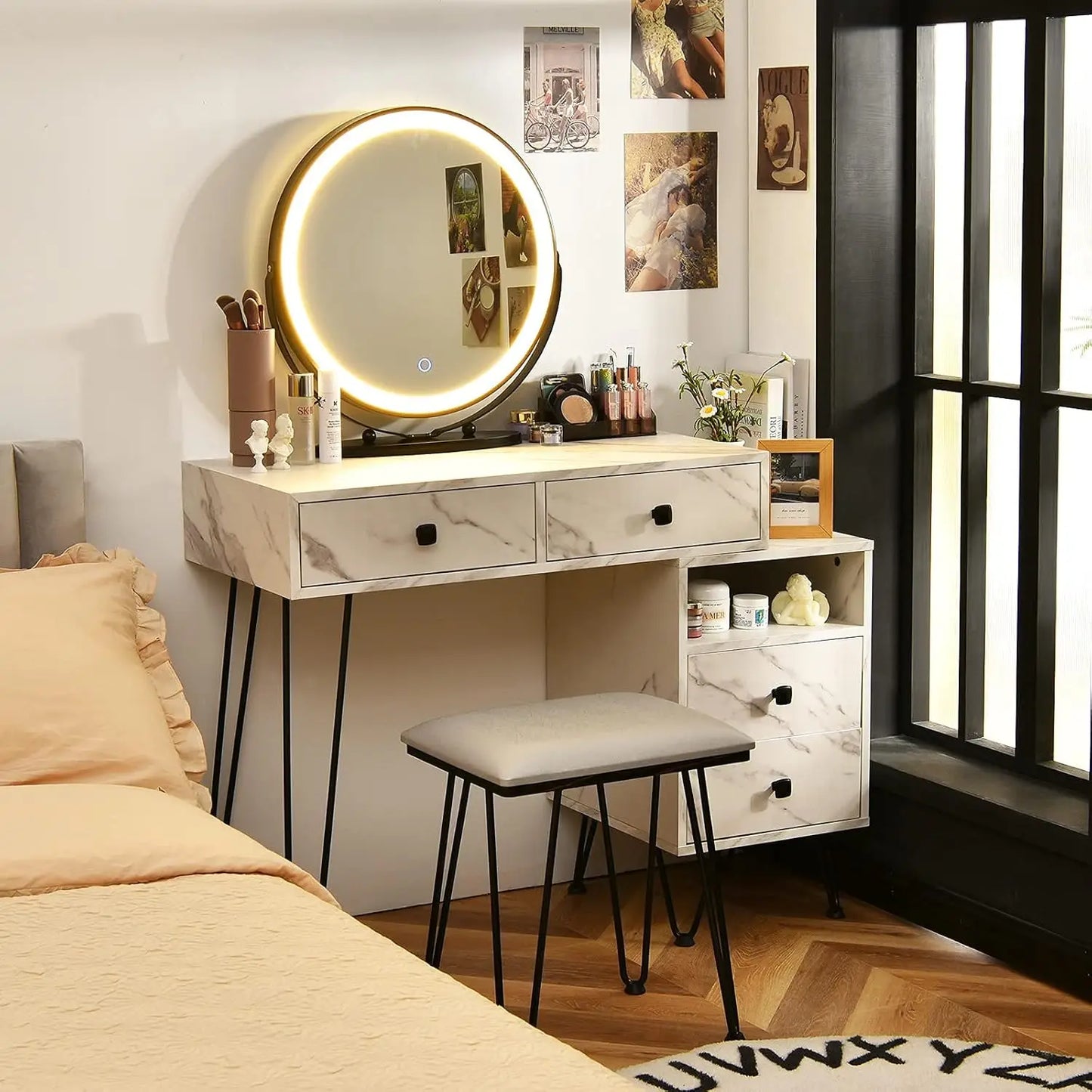 Color Vanity Desk With Lighted Mirror Reversible Side Cabinet