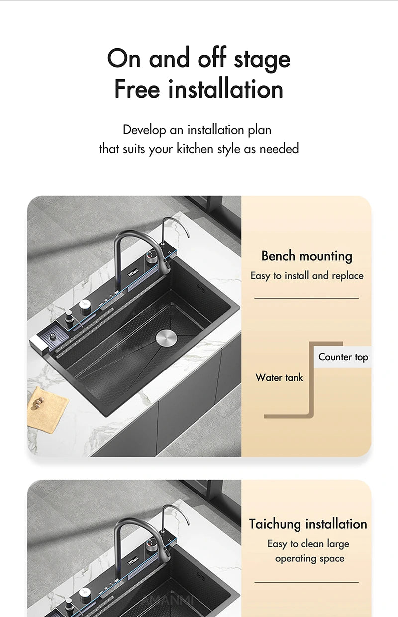 MYQualife 304 Stainless Steel Waterfall Kitchen Sink With Digital Faucet