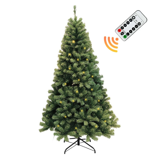 6-7ft Pre-Lit Christmas Tree, Artificial Hinged Xmas Tree With LED Lights, 8 Lighting Modes for Home Christmas Decoration