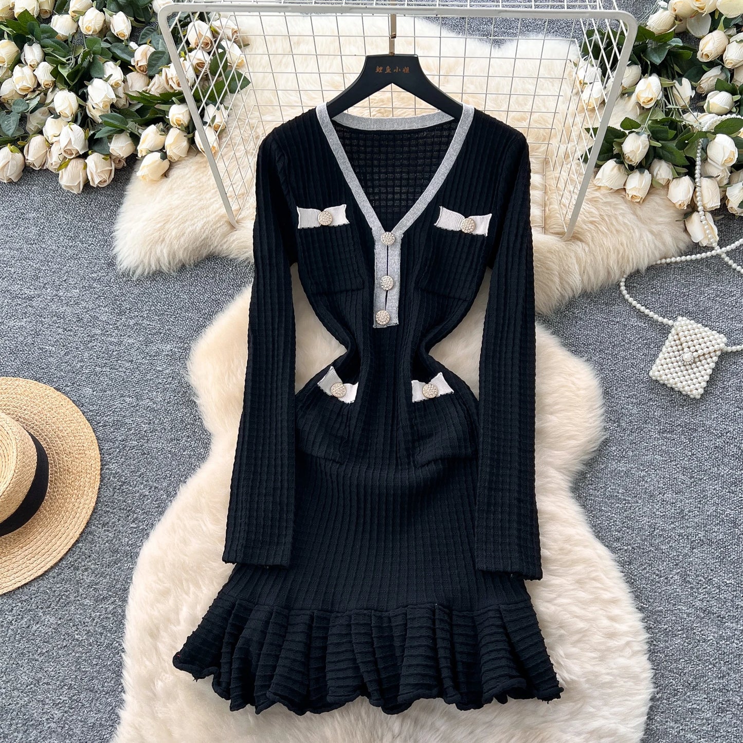 SR.Singreiny Chic V Neck Button Knit Dress For Women