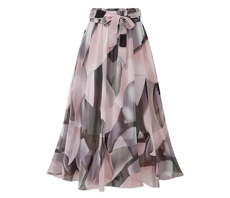 ISUREYOUNG Women Floral Summer Skirt Chiffon A Line Midi