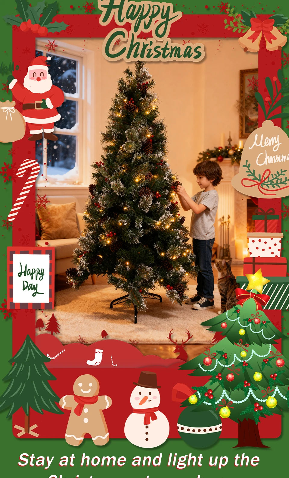 DIAMR Pre-Lit Artificial Spruce Christmas Tree With Pinecones And Berries