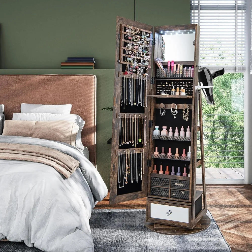 360 Degree Swivel Jewelry Cabinet Armoire With Mirror