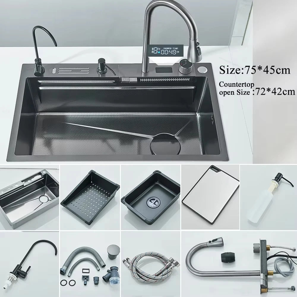 MYQualife 304 Stainless Steel Waterfall Kitchen Sink With Digital Faucet