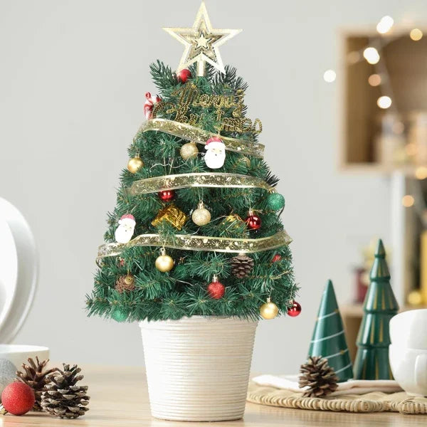 20 in Pre-lit Artificial Mini Christmas Tree, Tabletop Small Xmas Pine Tree with Ornaments and 30 Warm Lights Battery Operated f