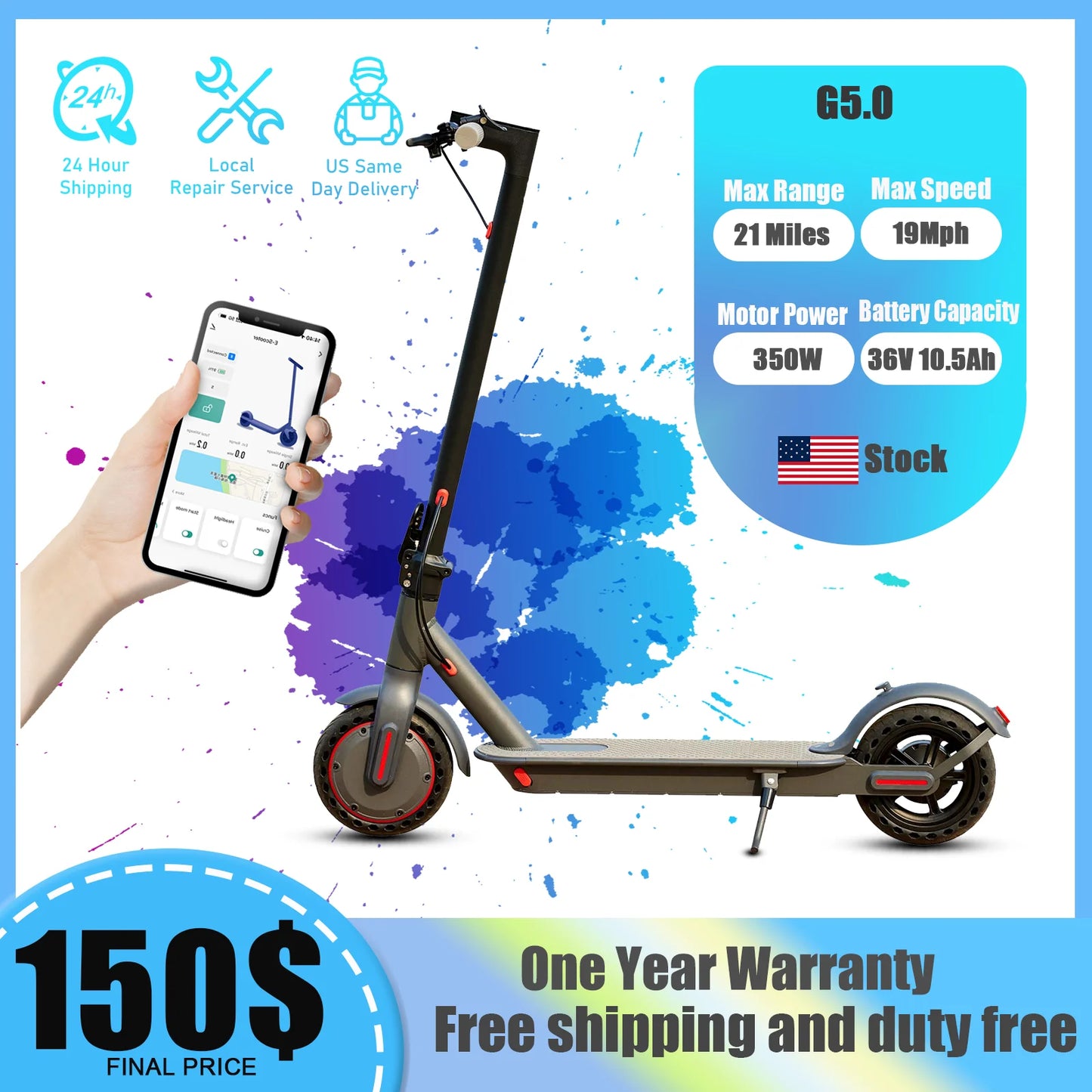 G5.0 Electric Scooter 36V 21 Mile Range Foldable Escooter