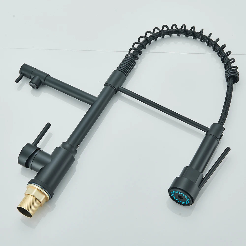 Chrome Brass Kitchen Sink Faucet Pull Down Hot and Cold Water Mixer2 Mode Tap with Dual Spout 360 Rotation Flexible Deck Mounted