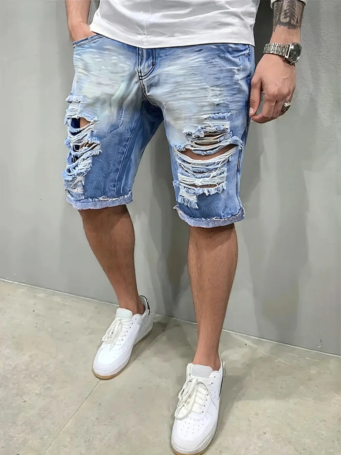 Mens Light Blue Distressed Denim Shorts Frayed Edges Street
