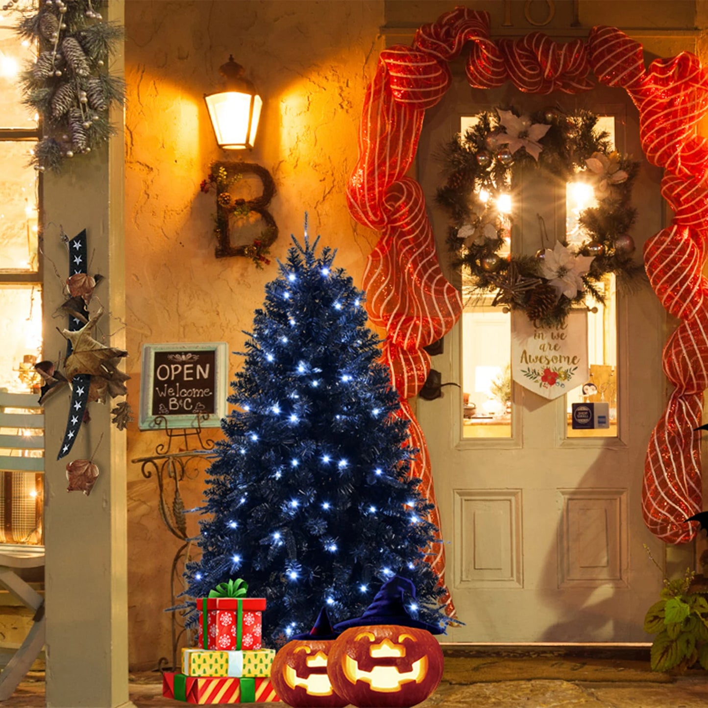 5FT PE+PVC Mixed Black Artificial Christmas Tree with LED White Light Metal Stand Premium Xmas Tree Holiday Xmas Ornaments Decor