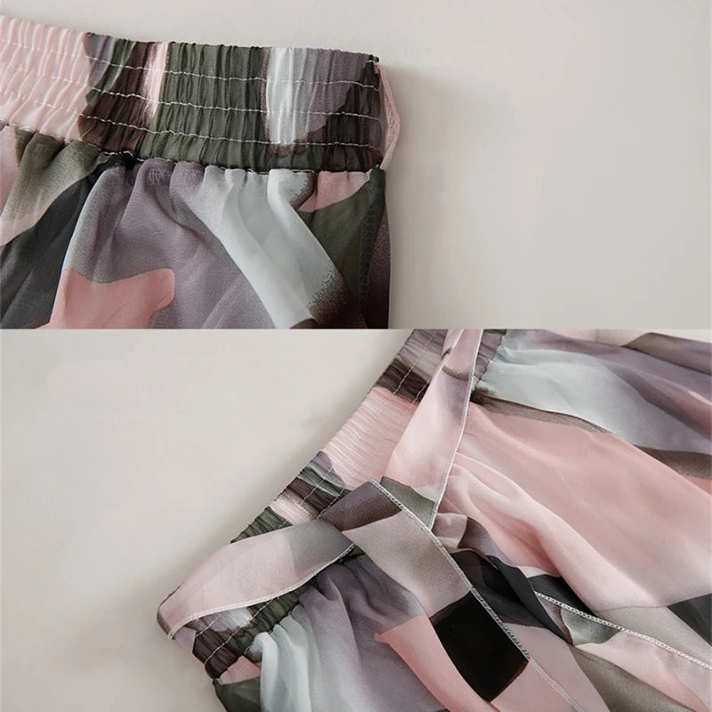 ISUREYOUNG Women Floral Summer Skirt Chiffon A Line Midi